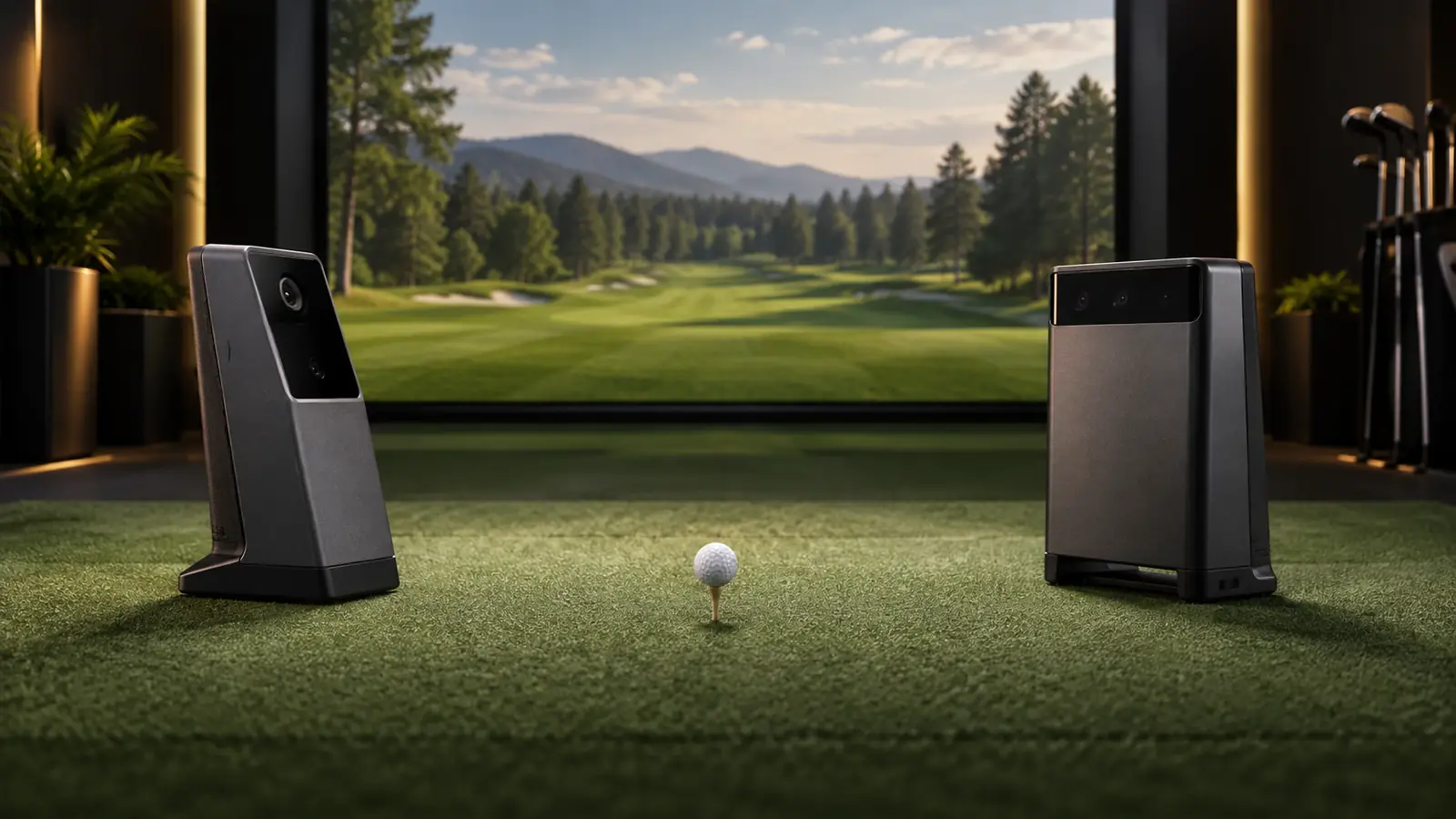 Indoor golf simulator bay with two launch monitors and a teed-up ball